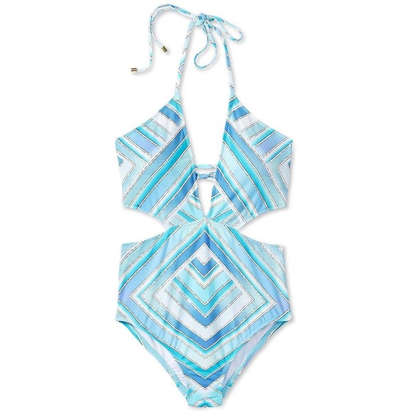 Bar III Printed Plunge Cutout Monokini One Piece Swimsuit, Blue Multi XL - Picture 3 of 4